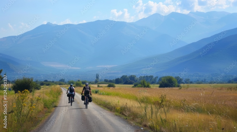 Bicycle hiking travel in the mountains illustration generated by ai Bicycle hiking travel in the mountains illustration generated by ai