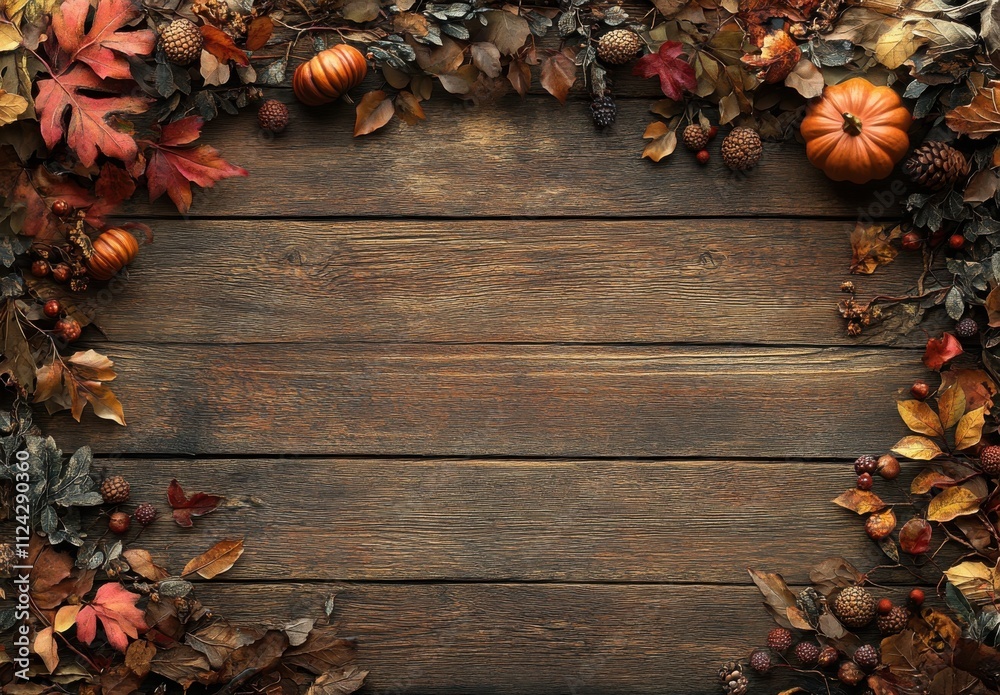 Autumn-themed rustic background featuring vibrant leaves, decorative pumpkins, and natural elements set on weathered wooden plank surface for seasonal decor Autumn-themed rustic background featuring vibrant leaves, decorative pumpkins, and natural elements set on weathered wooden plank surface for seasonal decor