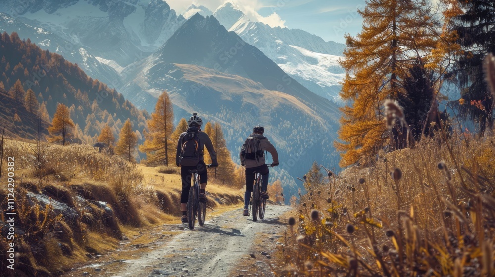 Obraz premium Bicycle hiking travel in the mountains illustration generated by ai