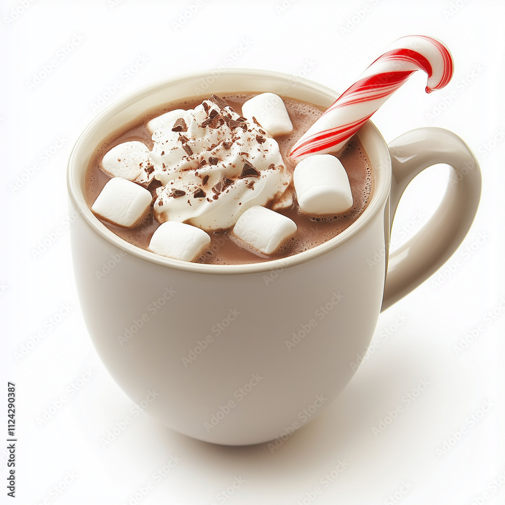 Hot chocolate with whipped cream, marshmallows, and a candy cane Hot chocolate with whipped cream, marshmallows, and a candy cane
