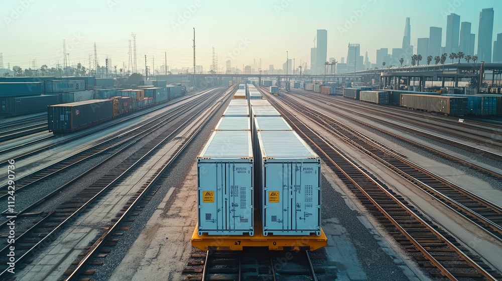 Fototapeta premium Freight Train Carriages Transporting Cargo Through City