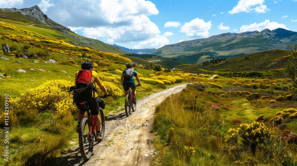 Bicycle hiking travel in the mountains illustration generated by ai Bicycle hiking travel in the mountains illustration generated by ai