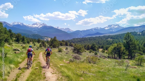 Bicycle hiking travel in the mountains illustration generated by ai