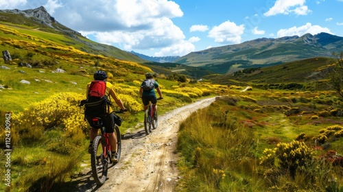 Bicycle hiking travel in the mountains illustration generated by ai