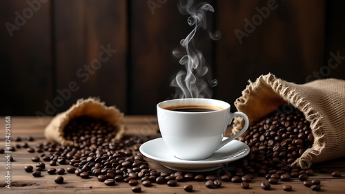 Traditional Coffee Cup With Heart-Shaped Steam On Rustic Wood