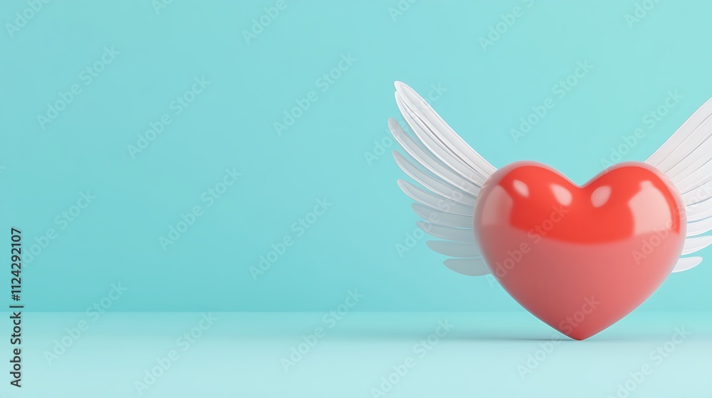 Red Heart With White Wings On A Blue Background Red Heart With White Wings On A Blue Background