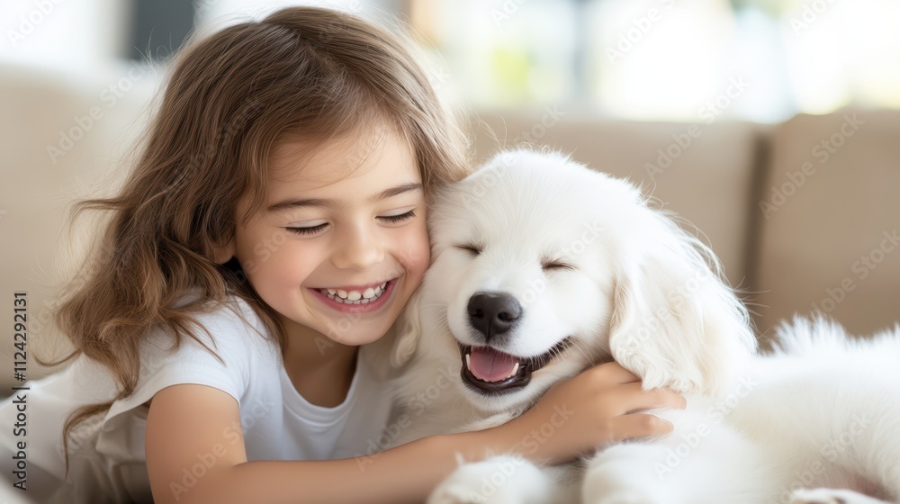 A Child's Unconditional Love: A heartwarming image of a young girl beaming with pure joy as she cuddles her white dog. A Child's Unconditional Love: A heartwarming image of a young girl beaming with pure joy as she cuddles her white dog.