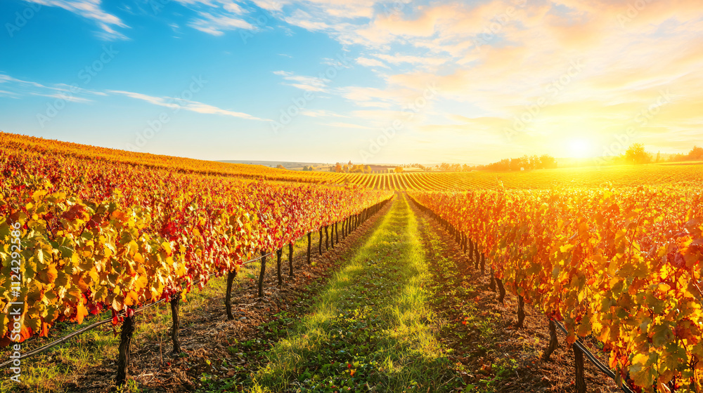 Naklejka premium Vibrant autumn vineyard with rows of vines and rich foliage colors of orange and red