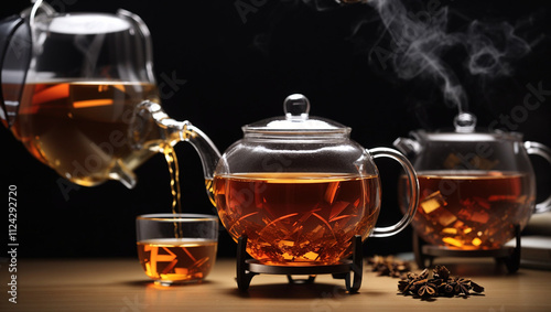 Hot tea is being poured from a teapot into glass cups. Steam rises.

