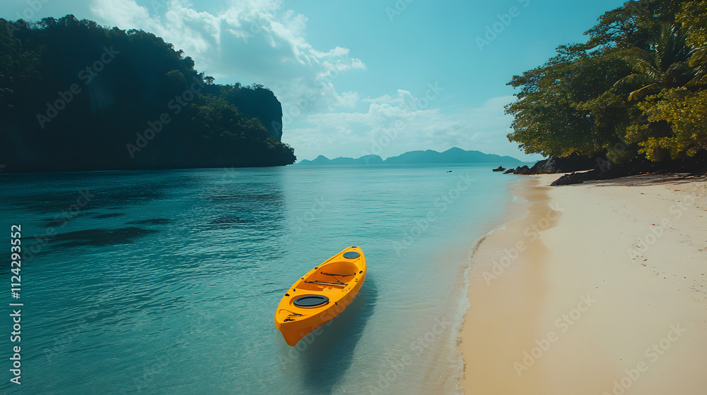 lone yellow kayak floats gently near the shoreline of a serene tropical beach with calm turquoise waters, lush greenery, and a clear blue sky. lone yellow kayak floats gently near the shoreline of a serene tropical beach with calm turquoise waters, lush greenery, and a clear blue sky.