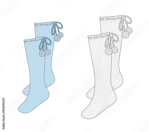 Pom pom knee high socks vector mockup template technical drawing.