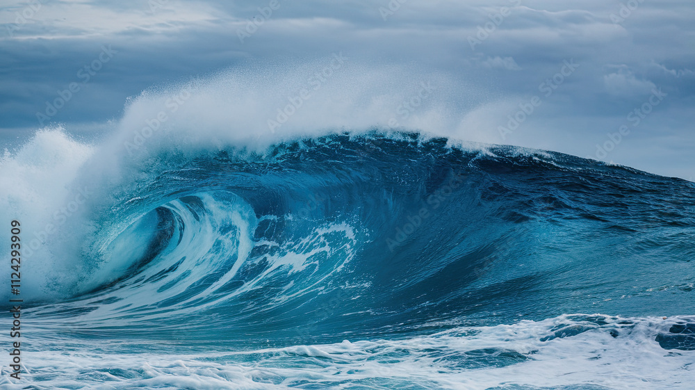 A Tumultuous Sea with a Powerful Blue Wave Crashing, Featuring White Frothy Crests, Deep Troughs, and Spraying Water, Set Against an Overcast Sky, Signaling a Stormy and Windy Day A Tumultuous Sea with a Powerful Blue Wave Crashing, Featuring White Frothy Crests, Deep Troughs, and Spraying Water, Set Against an Overcast Sky, Signaling a Stormy and Windy Day