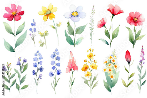 Wildflowers set isolated. Flowers watercolor floral illustrations for invitation, card, design., Generative AI