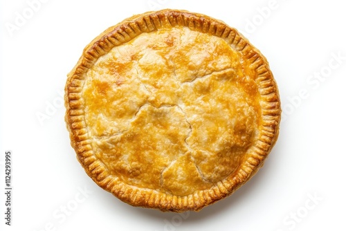 Top view of an entire chicken pie on a white background