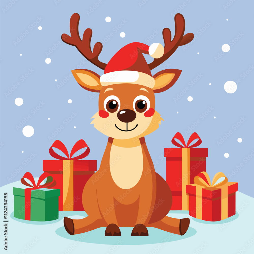 Adorable Christmas Reindeer with Santa Hat and Gifts - Festive Holiday Design Adorable Christmas Reindeer with Santa Hat and Gifts - Festive Holiday Design
