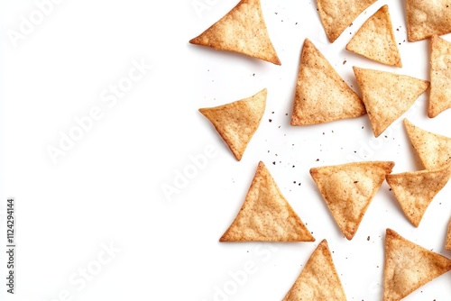 Top view of tasty pita chips on a white surface photo