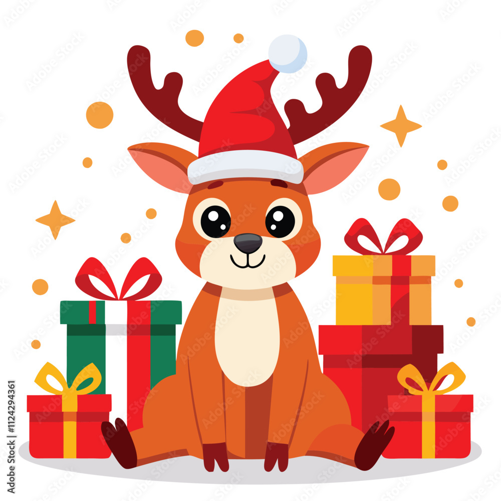 Naklejka premium Adorable Christmas Reindeer with Santa Hat and Gifts - Festive Holiday Design