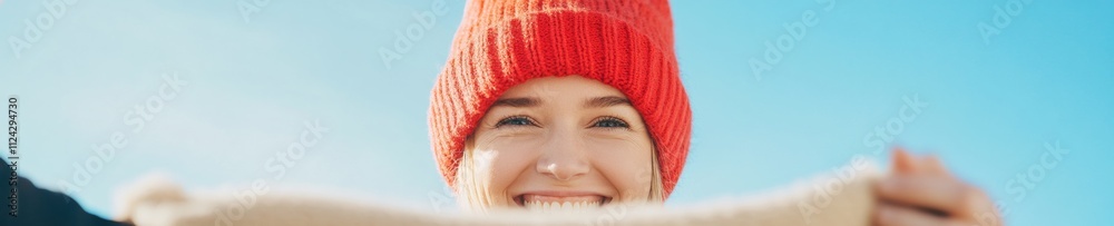 Joyful Volunteer in Festive Hat Spreading Warmth at Winter Charity Event