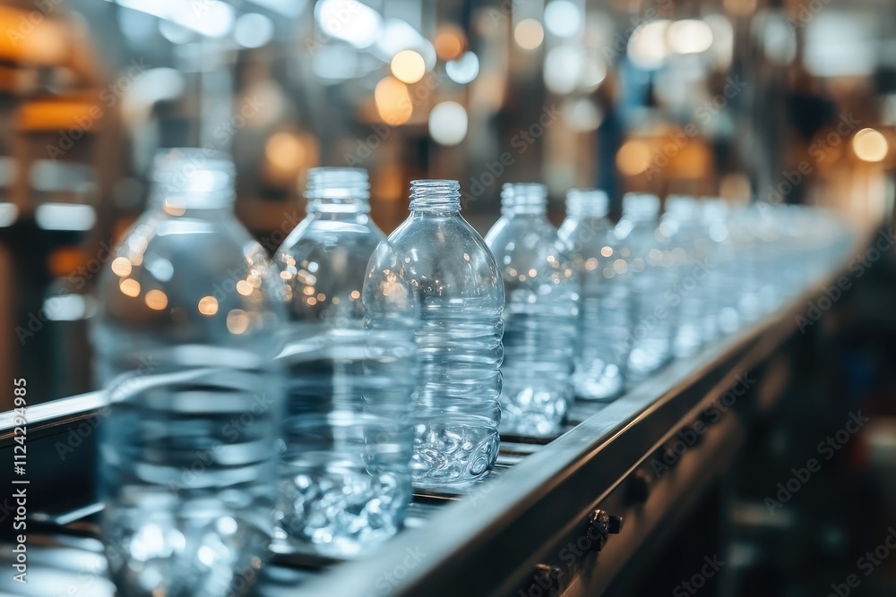 Transparent containers move on conveyor system Transparent containers move on conveyor system