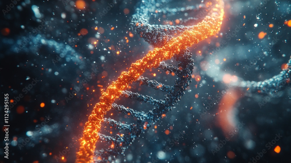 Glowing strands of DNA illustrate the complex process of gene editing in a dark, abstract setting highlighting molecular changes and scientific advancements Glowing strands of DNA illustrate the complex process of gene editing in a dark, abstract setting highlighting molecular changes and scientific advancements