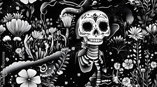 Seamless black and white pattern featuring a skeleton surrounded by detailed floral and botanical motifs, ideal for gothic and Halloween-themed designs. photo