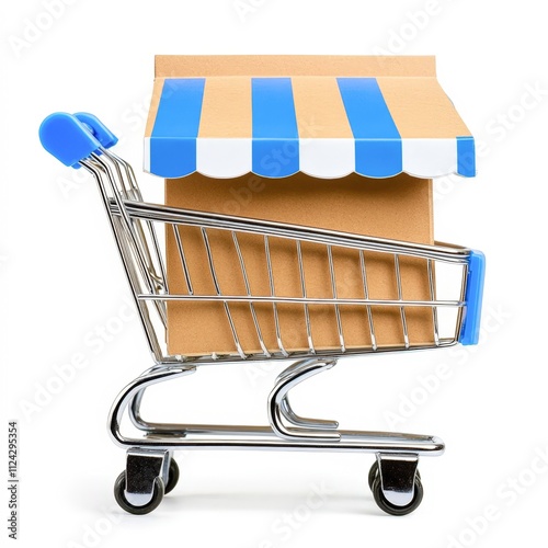 A shopping cart carries a cardboard box topped with a striped canopy, symbolizing retail or e-commerce, Ideal for marketing materials, blog posts about shopping, or online business promotions, photo