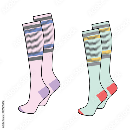 Over the knee socks for women design technical drawing by adobe illustrator.