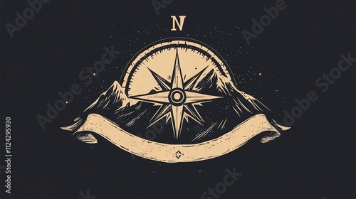 A compass with a mountain range behind it, with a banner and stars in the background.