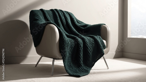 A modern, sleek chair in a neutral toned room, elegantly covered with a warm knit blanket in a deep forest green with snow falling outside a window complete the serene winter mood. photo