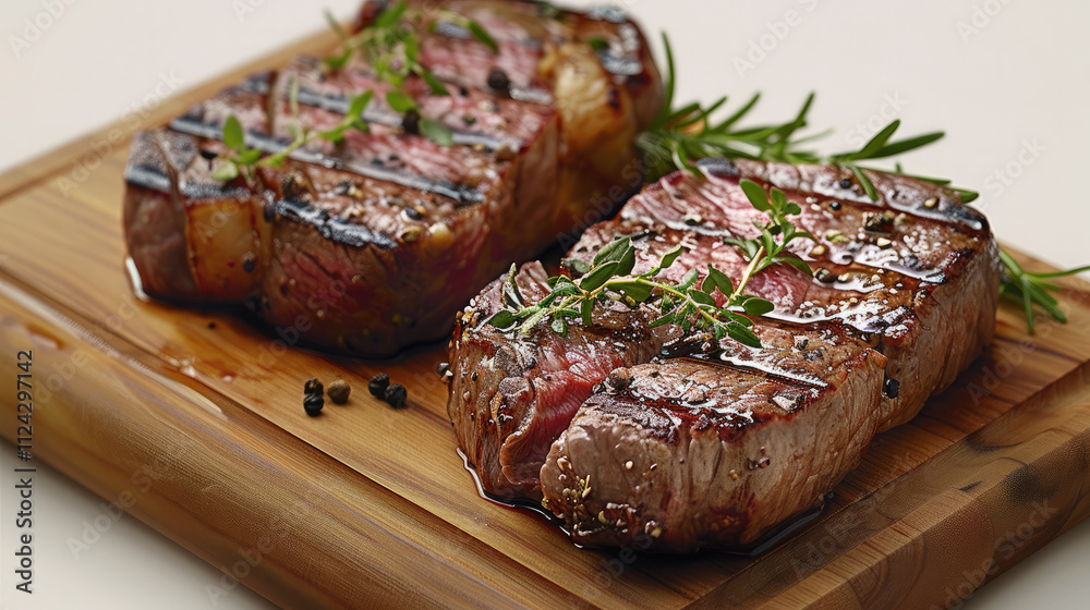 A premium steak dish placed directly on a sleek wooden serving board, featuring two perfectly cooked, juicy steaks with rich, seared crusts, sliced neatly to showcase their texture and succulence. A premium steak dish placed directly on a sleek wooden serving board, featuring two perfectly cooked, juicy steaks with rich, seared crusts, sliced neatly to showcase their texture and succulence.