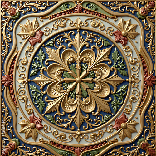 A decorative ceiling tile with a floral design, intricate and detailed