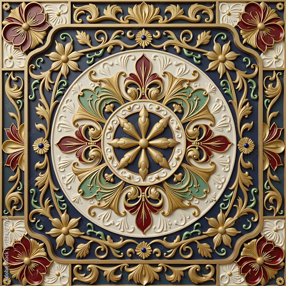 A decorative ceiling tile with a floral design, intricate and detailed A decorative ceiling tile with a floral design, intricate and detailed