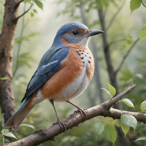 A colorful bird perched on a branch in a lush, green environment.