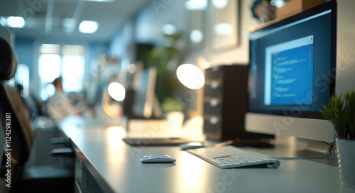 Wallpaper Mural Background features a blurred view of a sleek, organized office space with monitors, documents, and soft lighting. Torontodigital.ca