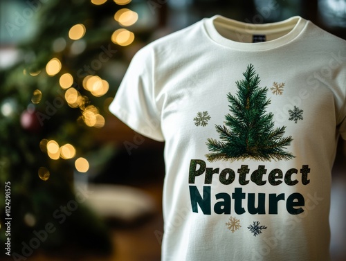 White T-Shirt Mockup with Evergreen Design and Snowflakes Emphasizing Nature Conservation photo