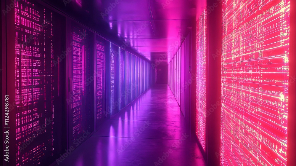 Fototapeta premium Neon Lit Server Room Corridor Displays Data Streams