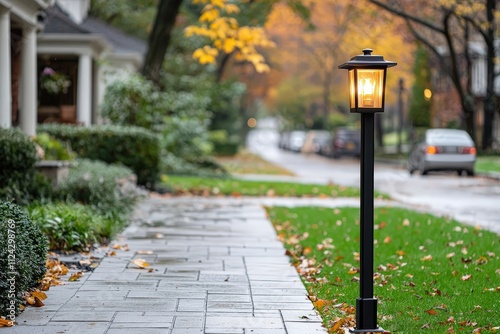 A classic gaslit-inspired lamp post illuminating the street with a vintage charm.
 photo