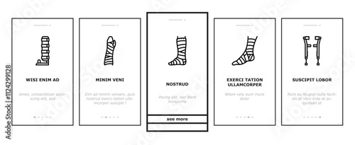 fracture injury bone break onboarding mobile vector trauma healing, cast pain, recovery splint, orthopedic x ray, dislocation fracture injury bone break illustrations