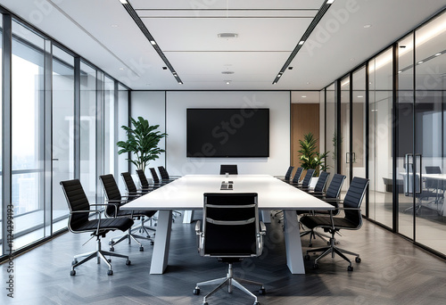 A modern and minimalist conference room with a large white table, black chairs, and glass walls.