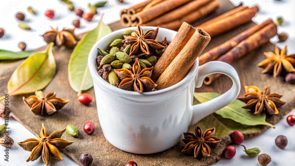 Aerial View: Exotic Spice Blend in Ceramic Cup - Cinnamon, Cardamom, Bay Leaf, Star Anise, Coriander Aerial View: Exotic Spice Blend in Ceramic Cup - Cinnamon, Cardamom, Bay Leaf, Star Anise, Coriander