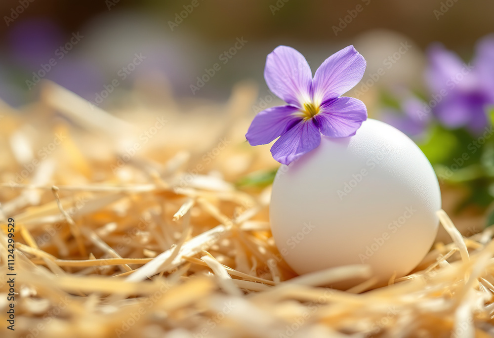 A white egg and a purple primrose flower on a bed of straw A white egg and a purple primrose flower on a bed of straw