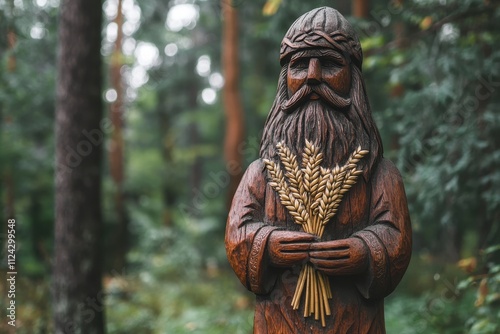 Wooden idol in woods natural setting Ancient Slavic totem Bearded elder holding wheat Symbol of pagan rituals
