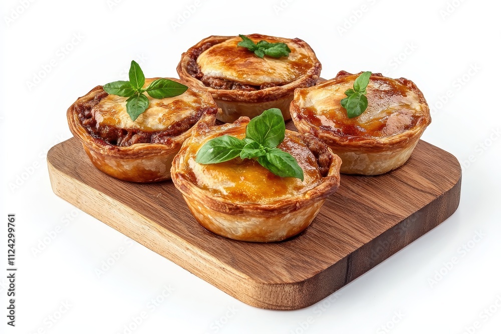 Wooden platter featuring delicious meat pies on a light backdrop Wooden platter featuring delicious meat pies on a light backdrop