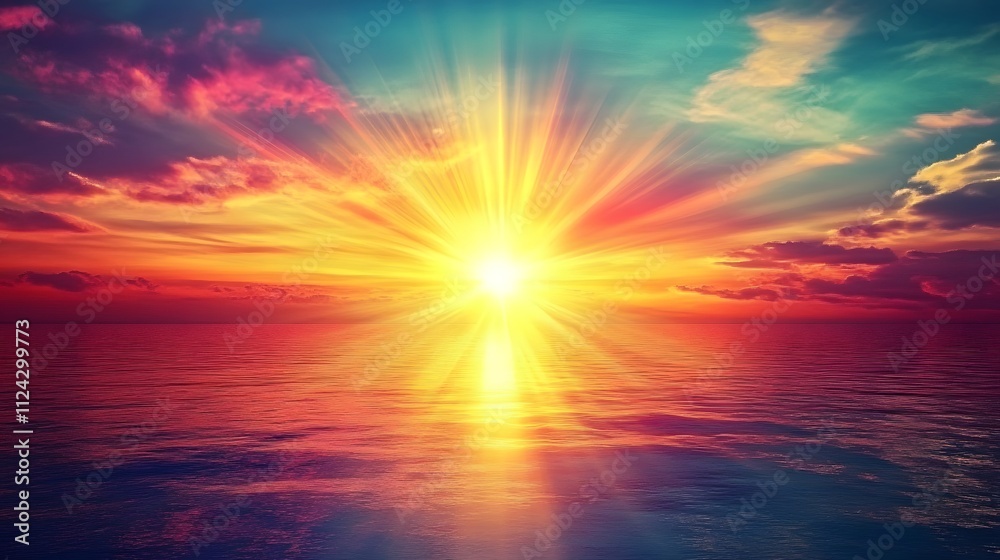 Naklejka premium A sunrise over the ocean with vibrant colors spreading across the sky symbolizing new beginnings and possibilities ahead