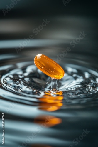 A bright orange capsule creates ripples in a dark body of water, symbolizing the impact of psychobiotics on gut health and mental wellness through their use photo