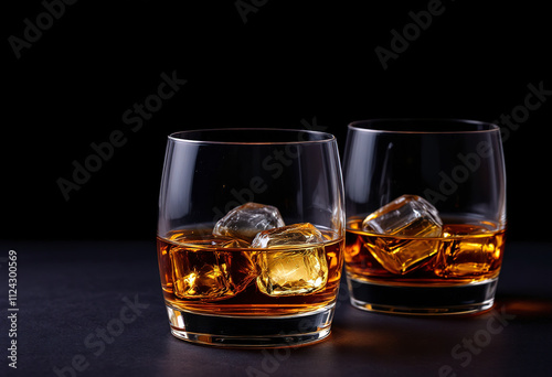 Two glasses of whiskey or bourbon on the rocks with ice cubes against a dark background