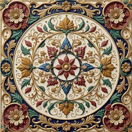 A decorative ceiling tile with a floral design, intricate and detailed