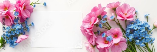 A white background with a vibrant pink and blue flower arrangement surrounding a blank sign in the center, perfect for adding your own text or design, white background, stock photo, copy space
