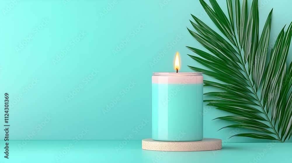 Serene Teal Candle with Palm Leaf: Tranquil scene of a burning teal candle on a wooden stand, accompanied by a lush palm leaf against a calming aqua background. Perfect for spa, wellness.
