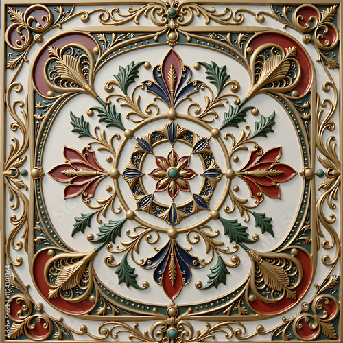 A decorative ceiling tile with a floral design, intricate and detailed